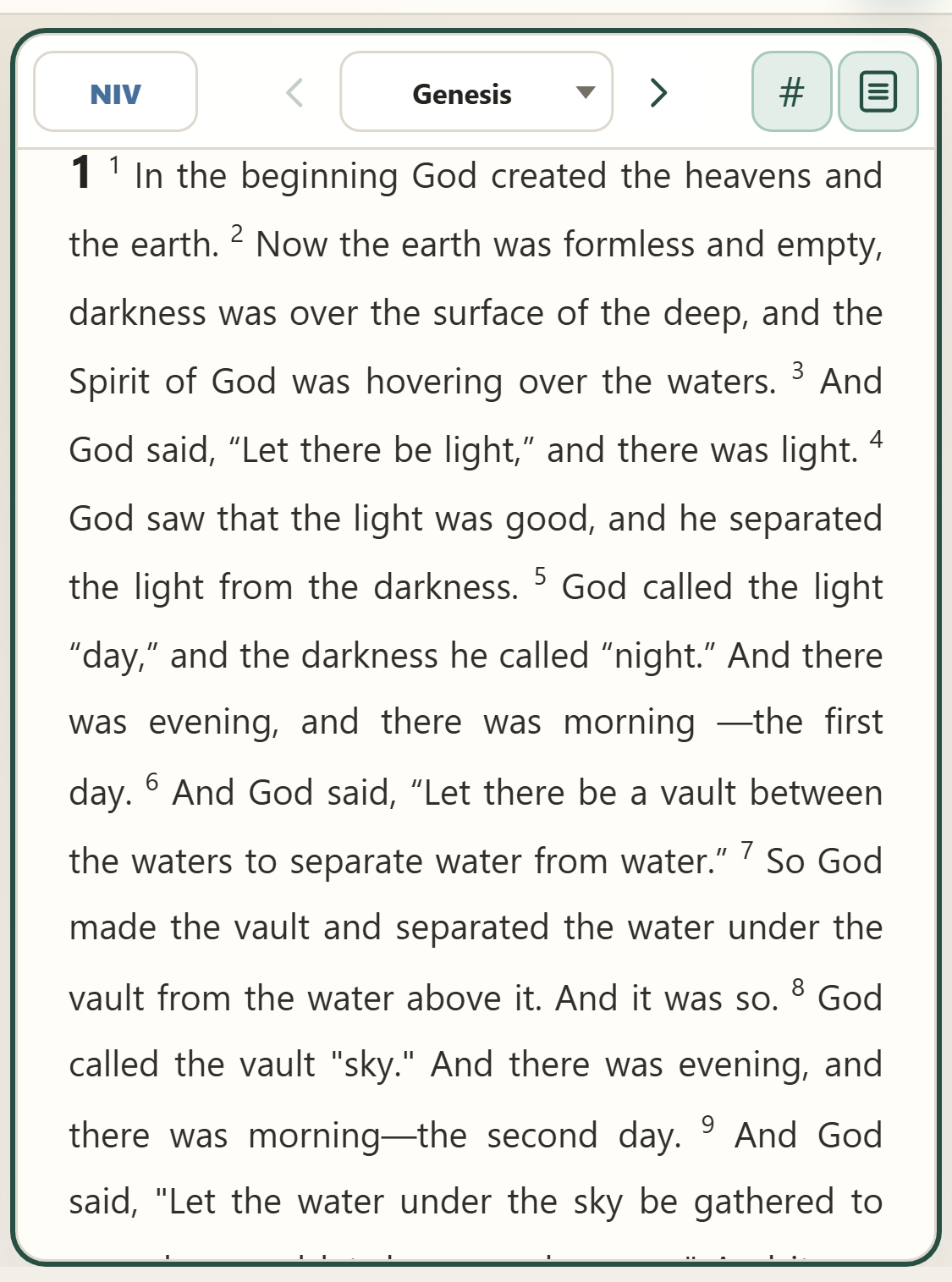 A panel in reading mode with chapter/verse numbering enabled