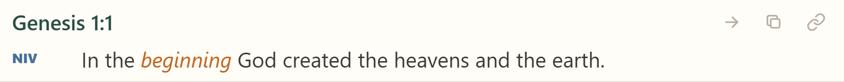 A search result row for Genesis 1:1, with its reference title, NIV text, and the move, copy, and cross-reference link icons