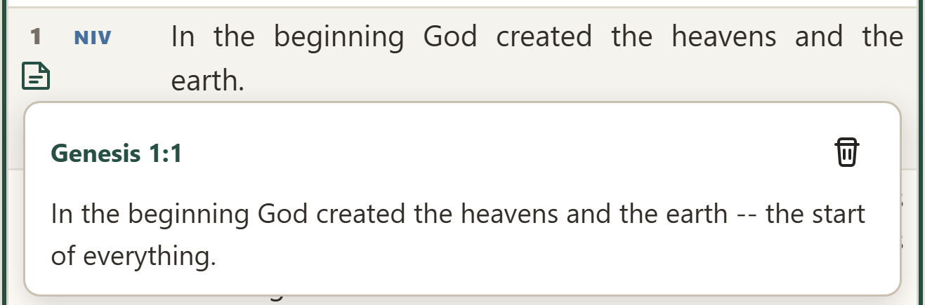 Genesis 1:1 with its note popup open, showing the note text